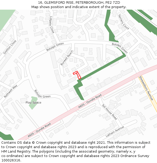 16, GLEMSFORD RISE, PETERBOROUGH, PE2 7ZD: Location map and indicative extent of plot