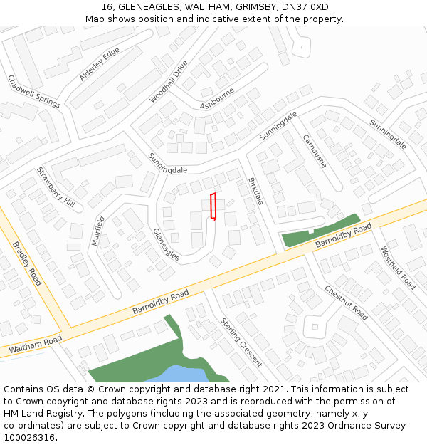 16, GLENEAGLES, WALTHAM, GRIMSBY, DN37 0XD: Location map and indicative extent of plot