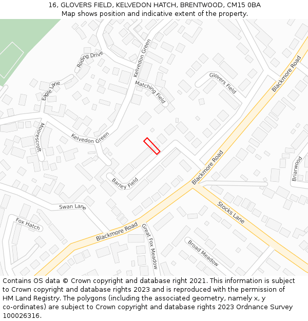 16, GLOVERS FIELD, KELVEDON HATCH, BRENTWOOD, CM15 0BA: Location map and indicative extent of plot