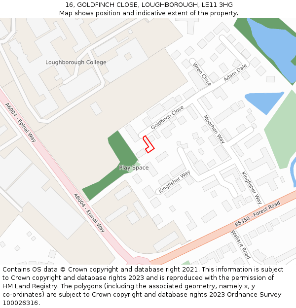 16, GOLDFINCH CLOSE, LOUGHBOROUGH, LE11 3HG: Location map and indicative extent of plot