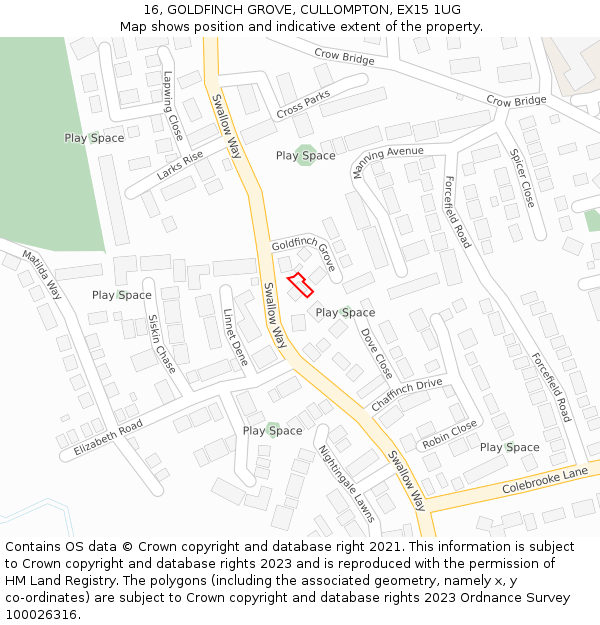 16, GOLDFINCH GROVE, CULLOMPTON, EX15 1UG: Location map and indicative extent of plot