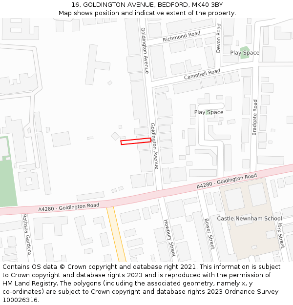 16, GOLDINGTON AVENUE, BEDFORD, MK40 3BY: Location map and indicative extent of plot