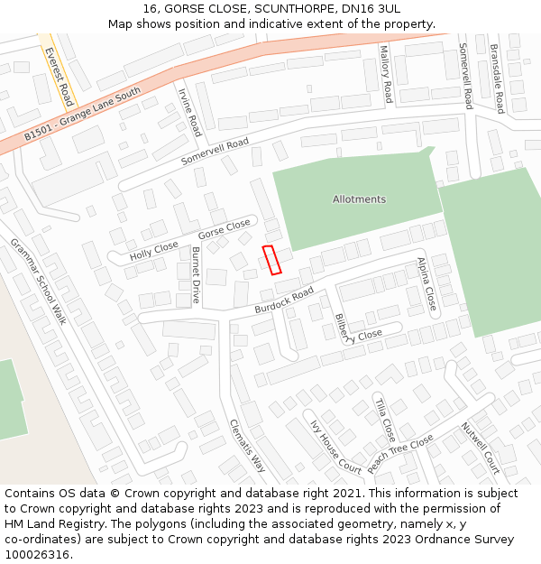 16, GORSE CLOSE, SCUNTHORPE, DN16 3UL: Location map and indicative extent of plot