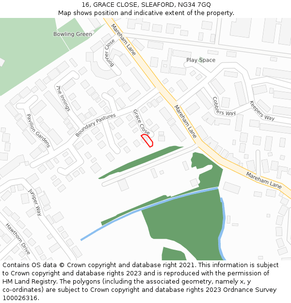 16, GRACE CLOSE, SLEAFORD, NG34 7GQ: Location map and indicative extent of plot