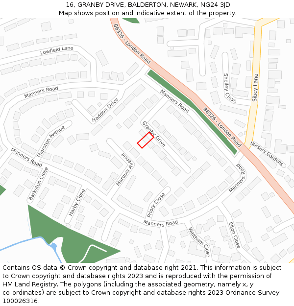 16, GRANBY DRIVE, BALDERTON, NEWARK, NG24 3JD: Location map and indicative extent of plot