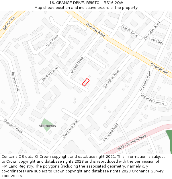 16, GRANGE DRIVE, BRISTOL, BS16 2QW: Location map and indicative extent of plot