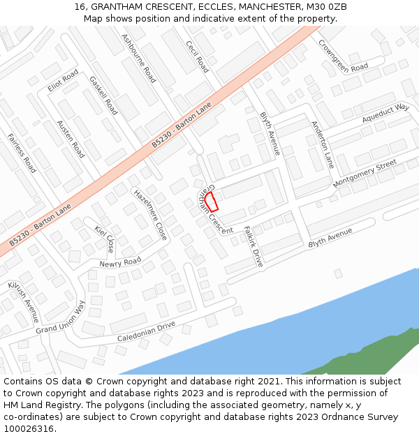 16, GRANTHAM CRESCENT, ECCLES, MANCHESTER, M30 0ZB: Location map and indicative extent of plot