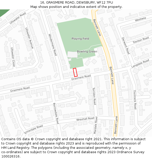 16, GRASMERE ROAD, DEWSBURY, WF12 7PU: Location map and indicative extent of plot