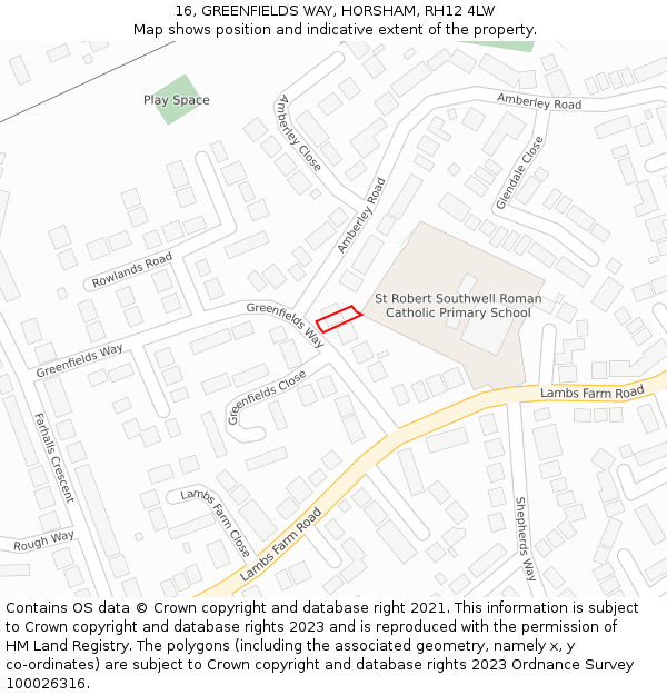 16, GREENFIELDS WAY, HORSHAM, RH12 4LW: Location map and indicative extent of plot