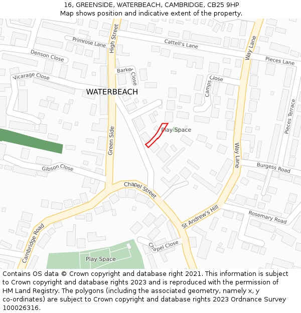 16, GREENSIDE, WATERBEACH, CAMBRIDGE, CB25 9HP: Location map and indicative extent of plot