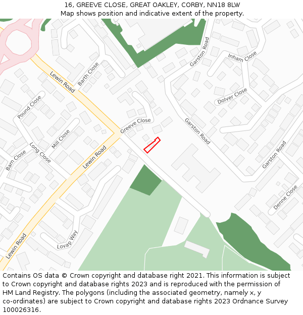 16, GREEVE CLOSE, GREAT OAKLEY, CORBY, NN18 8LW: Location map and indicative extent of plot