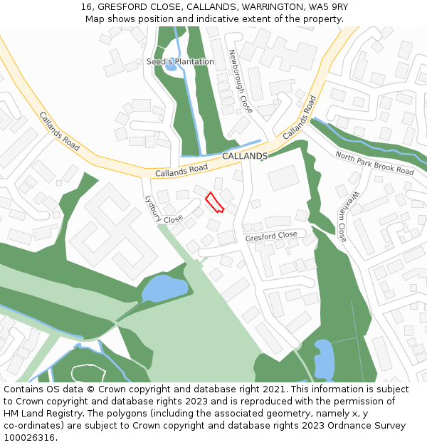 16, GRESFORD CLOSE, CALLANDS, WARRINGTON, WA5 9RY: Location map and indicative extent of plot