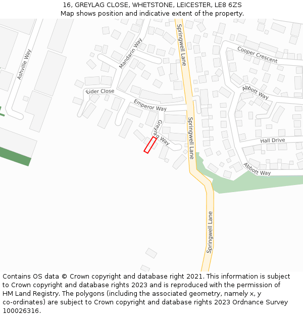 16, GREYLAG CLOSE, WHETSTONE, LEICESTER, LE8 6ZS: Location map and indicative extent of plot