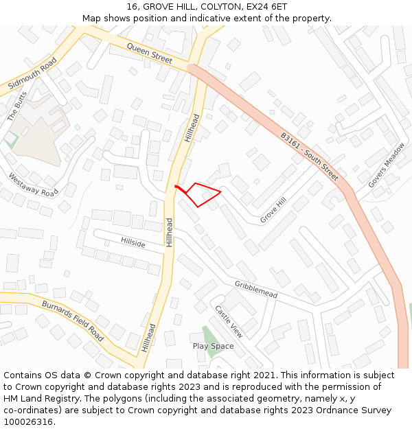 16, GROVE HILL, COLYTON, EX24 6ET: Location map and indicative extent of plot