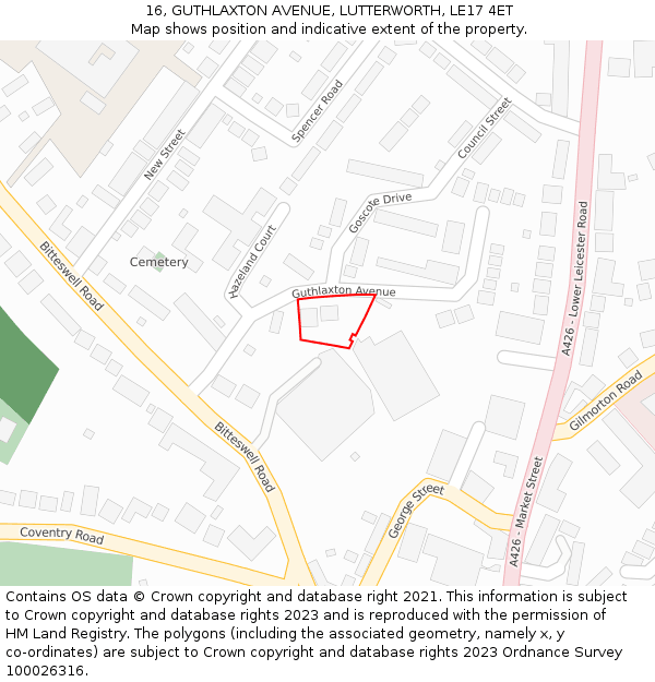 16, GUTHLAXTON AVENUE, LUTTERWORTH, LE17 4ET: Location map and indicative extent of plot