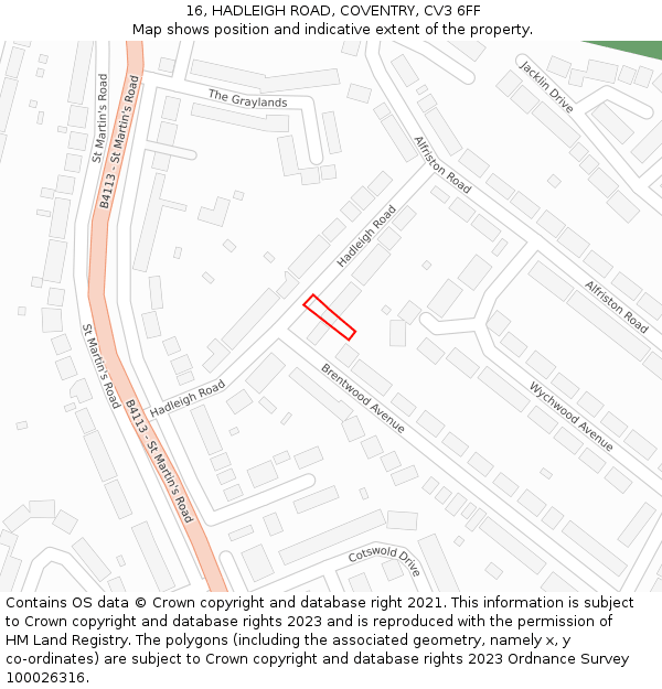 16, HADLEIGH ROAD, COVENTRY, CV3 6FF: Location map and indicative extent of plot