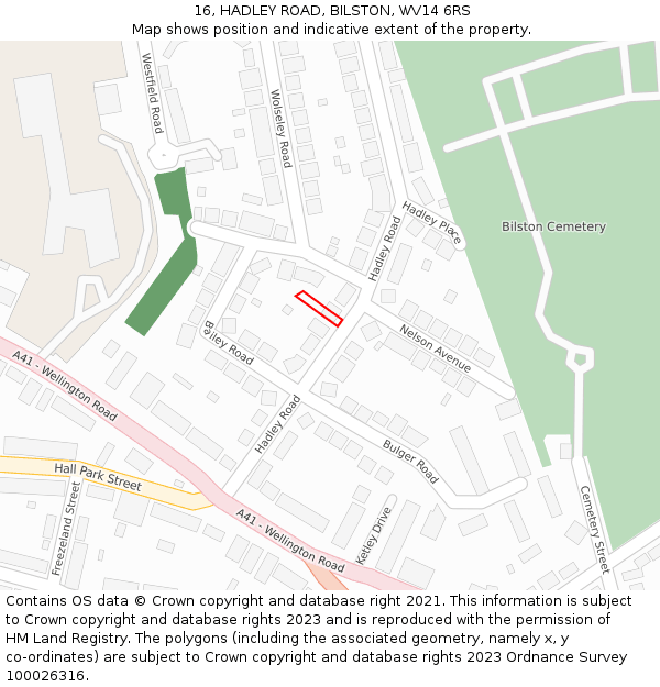 16, HADLEY ROAD, BILSTON, WV14 6RS: Location map and indicative extent of plot