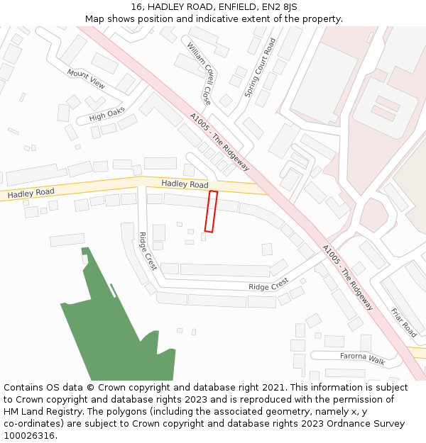 16, HADLEY ROAD, ENFIELD, EN2 8JS: Location map and indicative extent of plot
