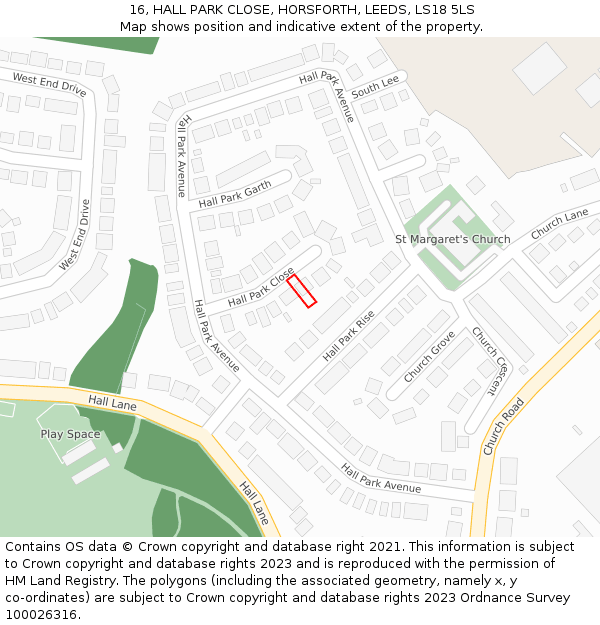 16, HALL PARK CLOSE, HORSFORTH, LEEDS, LS18 5LS: Location map and indicative extent of plot