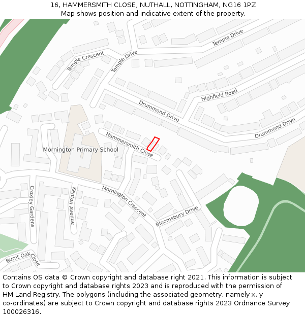 16, HAMMERSMITH CLOSE, NUTHALL, NOTTINGHAM, NG16 1PZ: Location map and indicative extent of plot