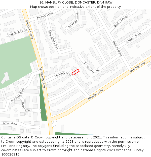 16, HANBURY CLOSE, DONCASTER, DN4 9AW: Location map and indicative extent of plot