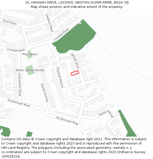 16, HANNAH DRIVE, LOCKING, WESTON-SUPER-MARE, BS24 7JS: Location map and indicative extent of plot