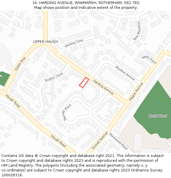 16, HARDING AVENUE, RAWMARSH, ROTHERHAM, S62 7ED: Location map and indicative extent of plot