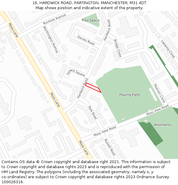 16, HARDWICK ROAD, PARTINGTON, MANCHESTER, M31 4DT: Location map and indicative extent of plot