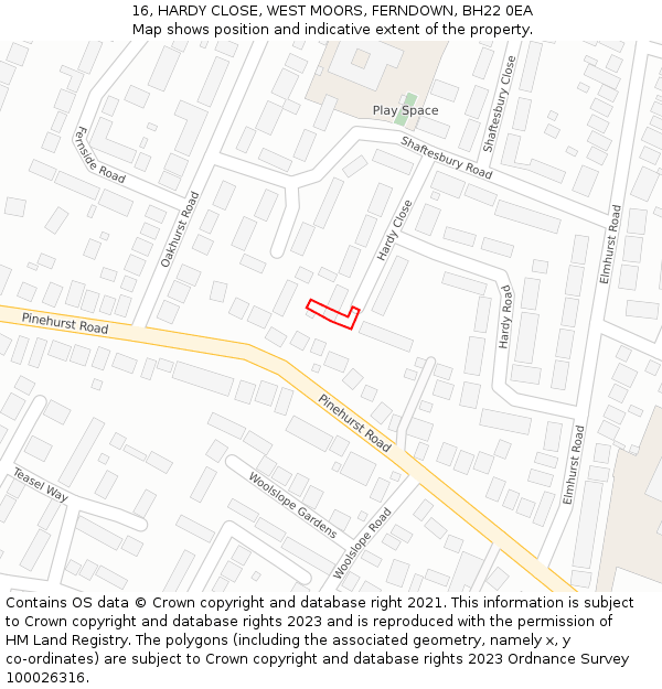 16, HARDY CLOSE, WEST MOORS, FERNDOWN, BH22 0EA: Location map and indicative extent of plot