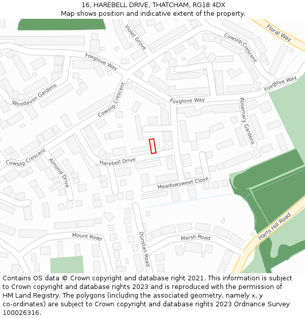 16, HAREBELL DRIVE, THATCHAM, RG18 4DX: Location map and indicative extent of plot