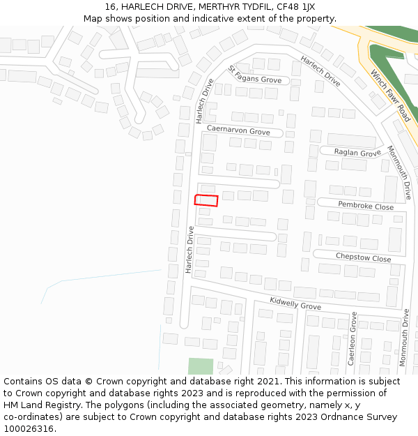 16, HARLECH DRIVE, MERTHYR TYDFIL, CF48 1JX: Location map and indicative extent of plot