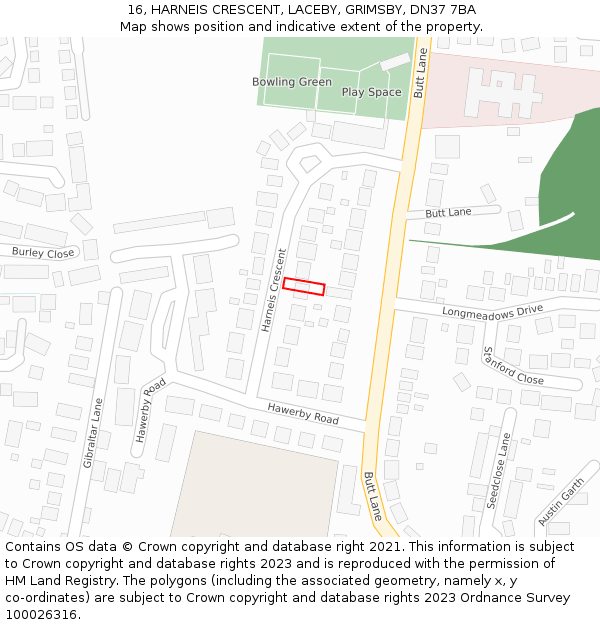 16, HARNEIS CRESCENT, LACEBY, GRIMSBY, DN37 7BA: Location map and indicative extent of plot