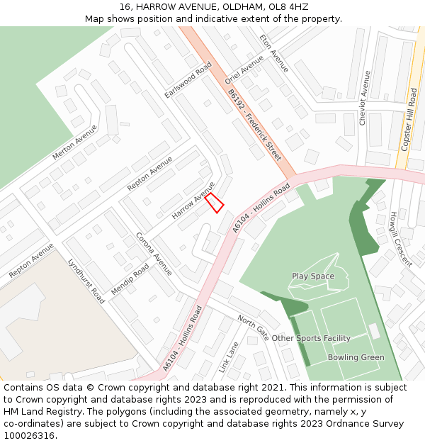 16, HARROW AVENUE, OLDHAM, OL8 4HZ: Location map and indicative extent of plot