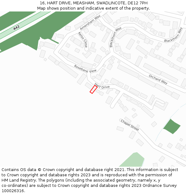 16, HART DRIVE, MEASHAM, SWADLINCOTE, DE12 7PH: Location map and indicative extent of plot