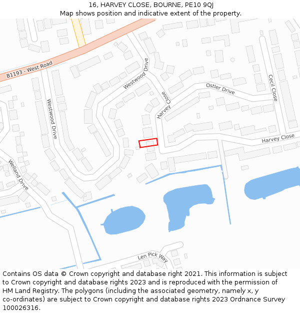 16, HARVEY CLOSE, BOURNE, PE10 9QJ: Location map and indicative extent of plot