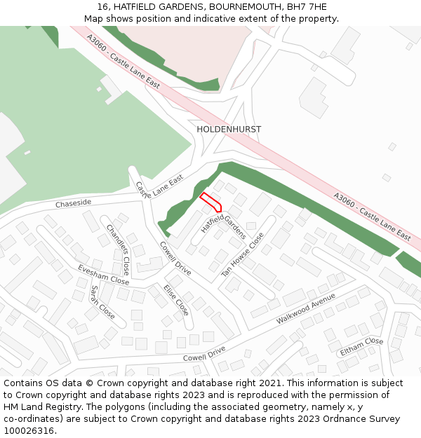 16, HATFIELD GARDENS, BOURNEMOUTH, BH7 7HE: Location map and indicative extent of plot