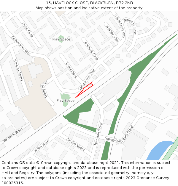 16, HAVELOCK CLOSE, BLACKBURN, BB2 2NB: Location map and indicative extent of plot