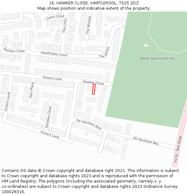 16, HAWKER CLOSE, HARTLEPOOL, TS25 2DZ: Location map and indicative extent of plot