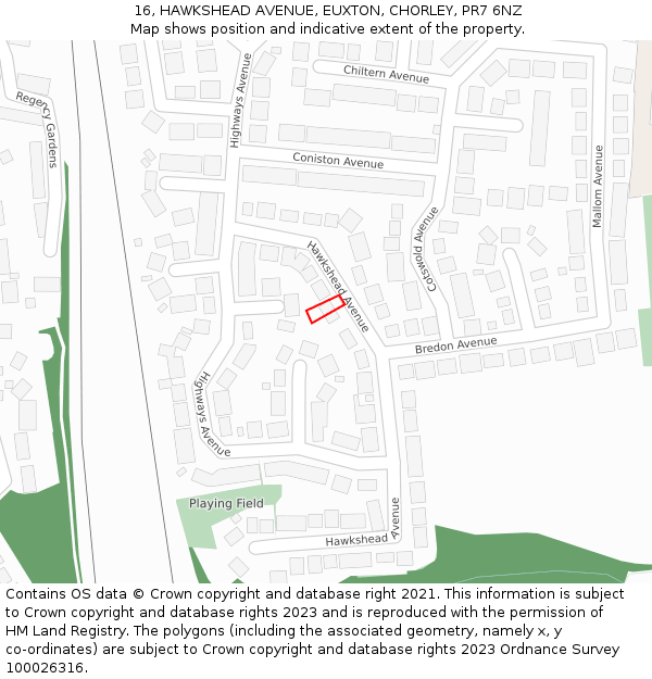 16, HAWKSHEAD AVENUE, EUXTON, CHORLEY, PR7 6NZ: Location map and indicative extent of plot