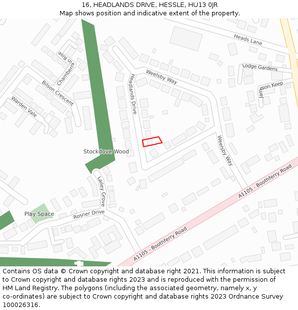 16, HEADLANDS DRIVE, HESSLE, HU13 0JR: Location map and indicative extent of plot