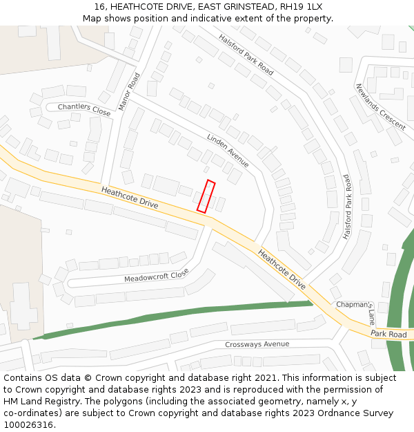 16, HEATHCOTE DRIVE, EAST GRINSTEAD, RH19 1LX: Location map and indicative extent of plot