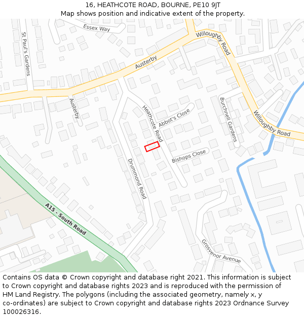 16, HEATHCOTE ROAD, BOURNE, PE10 9JT: Location map and indicative extent of plot