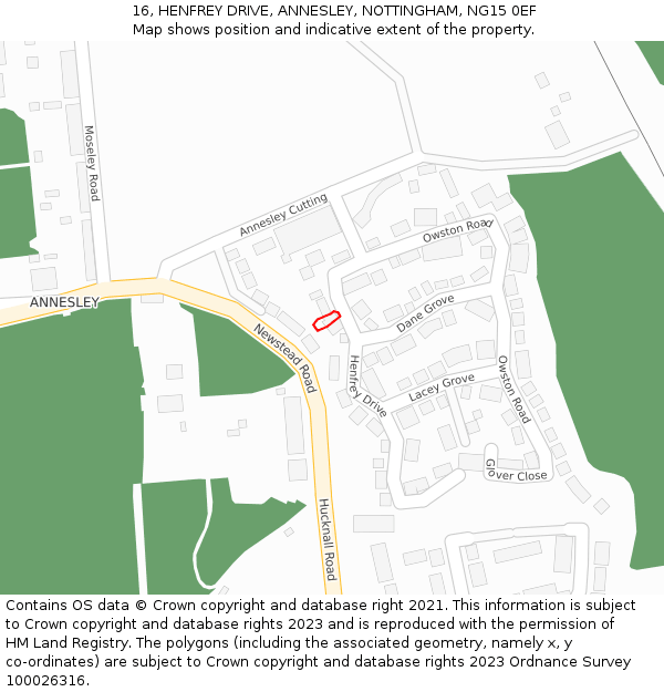 16, HENFREY DRIVE, ANNESLEY, NOTTINGHAM, NG15 0EF: Location map and indicative extent of plot