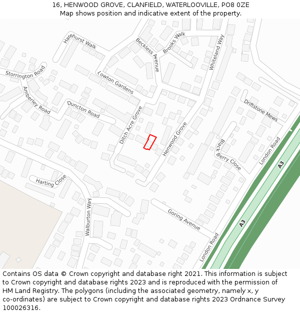 16, HENWOOD GROVE, CLANFIELD, WATERLOOVILLE, PO8 0ZE: Location map and indicative extent of plot