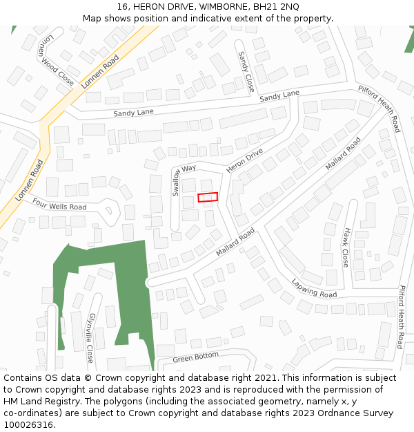 16, HERON DRIVE, WIMBORNE, BH21 2NQ: Location map and indicative extent of plot