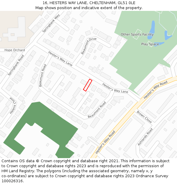 16, HESTERS WAY LANE, CHELTENHAM, GL51 0LE: Location map and indicative extent of plot