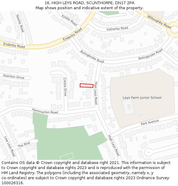 16, HIGH LEYS ROAD, SCUNTHORPE, DN17 2PA: Location map and indicative extent of plot