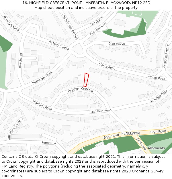 16, HIGHFIELD CRESCENT, PONTLLANFRAITH, BLACKWOOD, NP12 2ED: Location map and indicative extent of plot