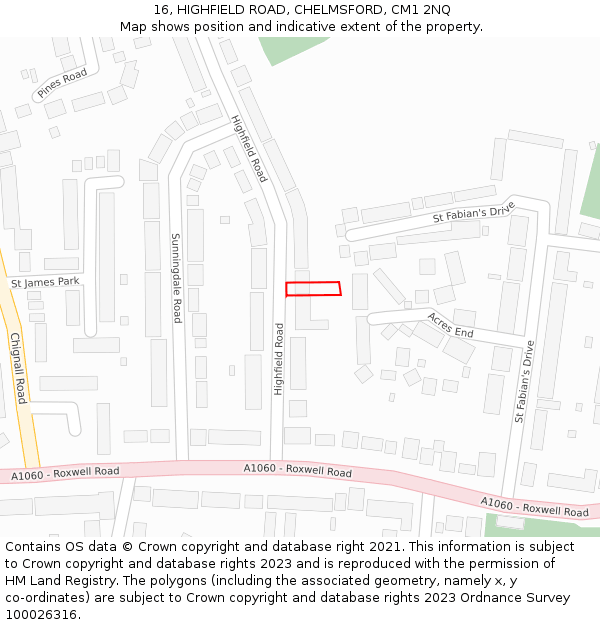 16, HIGHFIELD ROAD, CHELMSFORD, CM1 2NQ: Location map and indicative extent of plot