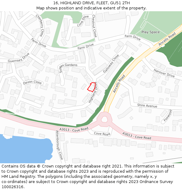 16, HIGHLAND DRIVE, FLEET, GU51 2TH: Location map and indicative extent of plot